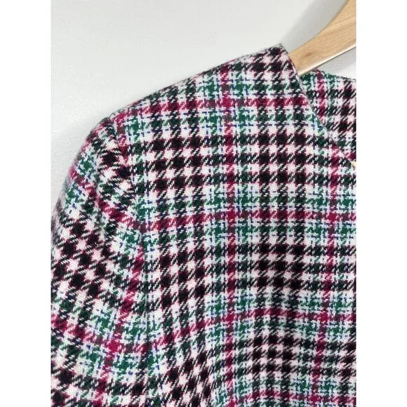 Talbots Blazer Womens 14 Pink Green Blue Houndstooth Collarless Wool Pockets - Picture 2 of 12